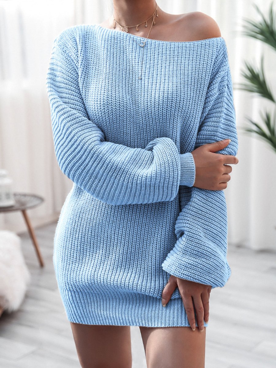 Rib - Knit Mini Sweater Dress - Sweater Dress