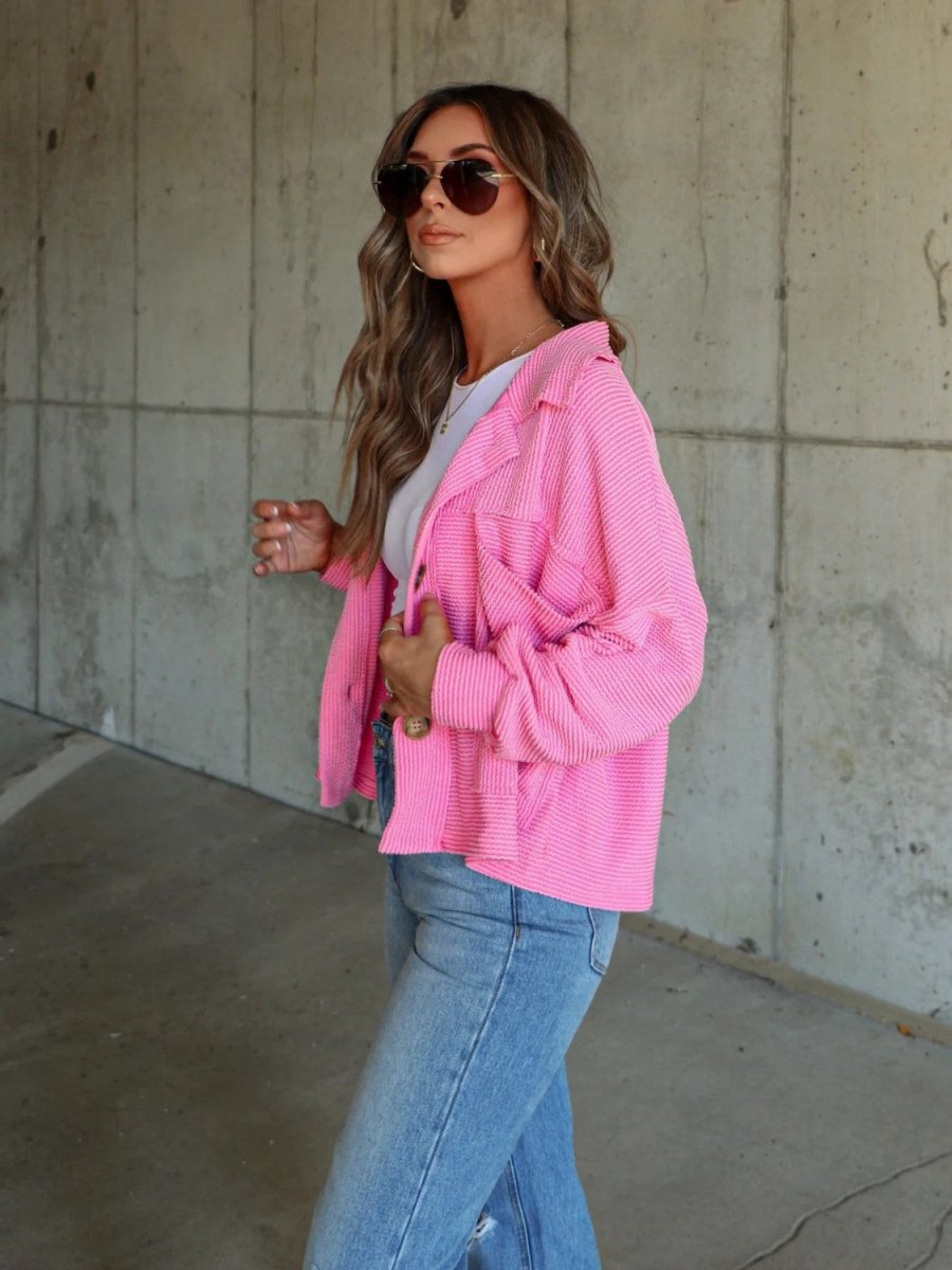 Ribbed Collared Neck Button Up Jacket - Outerwear