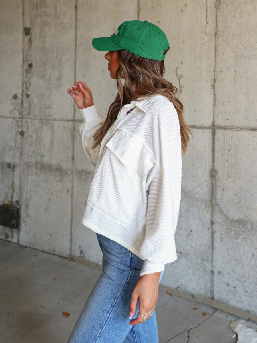 Ribbed Collared Neck Button Up Jacket - Outerwear