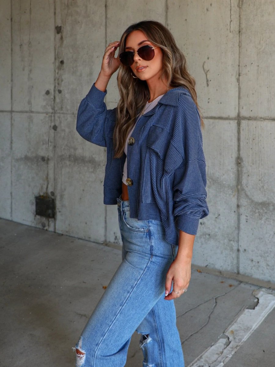 Ribbed Collared Neck Button Up Jacket - Outerwear