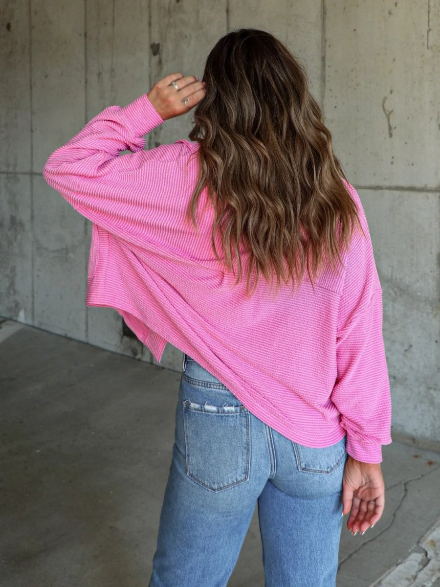 Ribbed Collared Neck Button Up Jacket - Outerwear