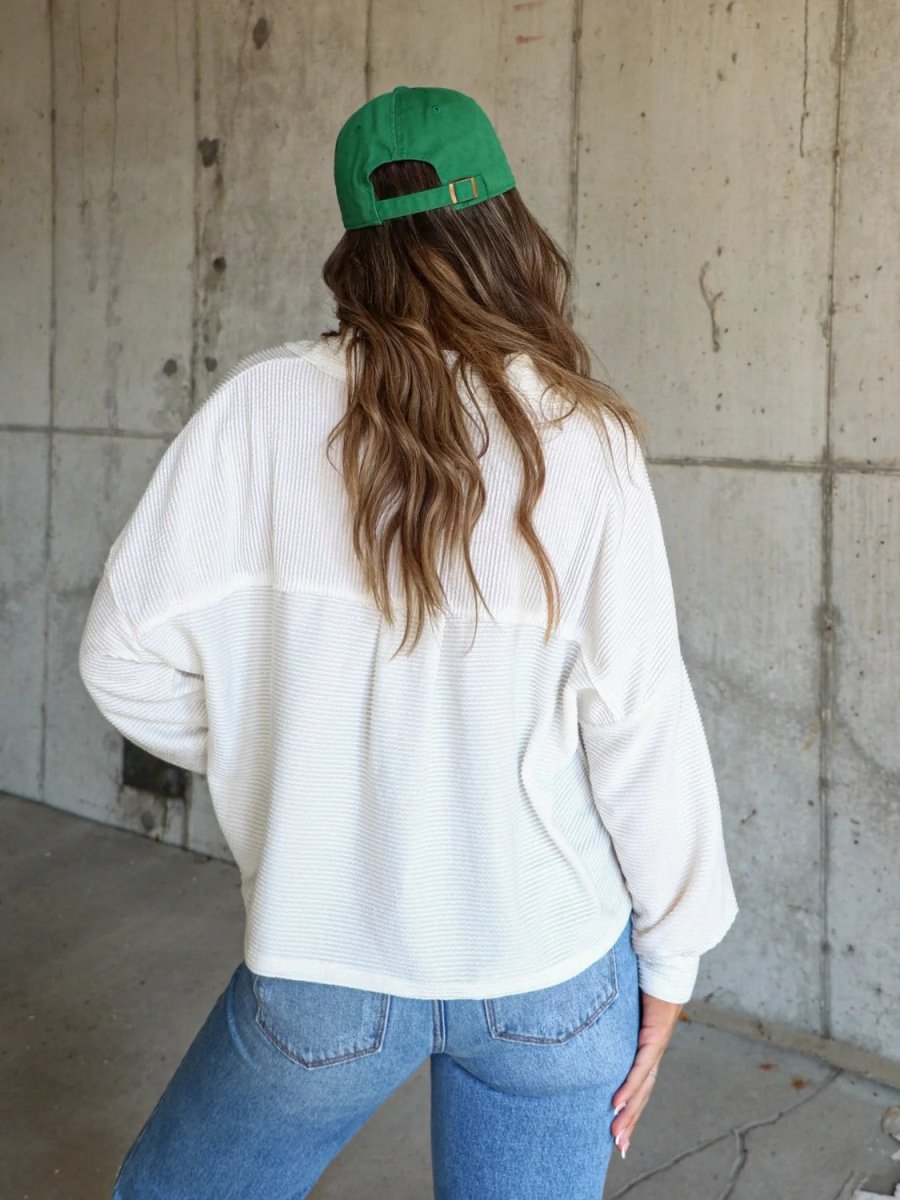 Ribbed Collared Neck Button Up Jacket - Outerwear