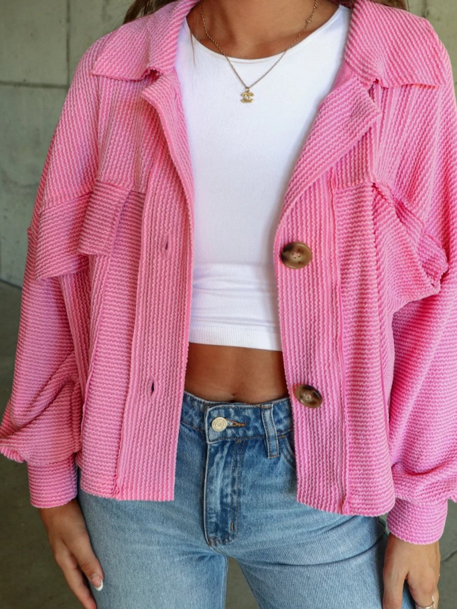 Ribbed Collared Neck Button Up Jacket - Outerwear