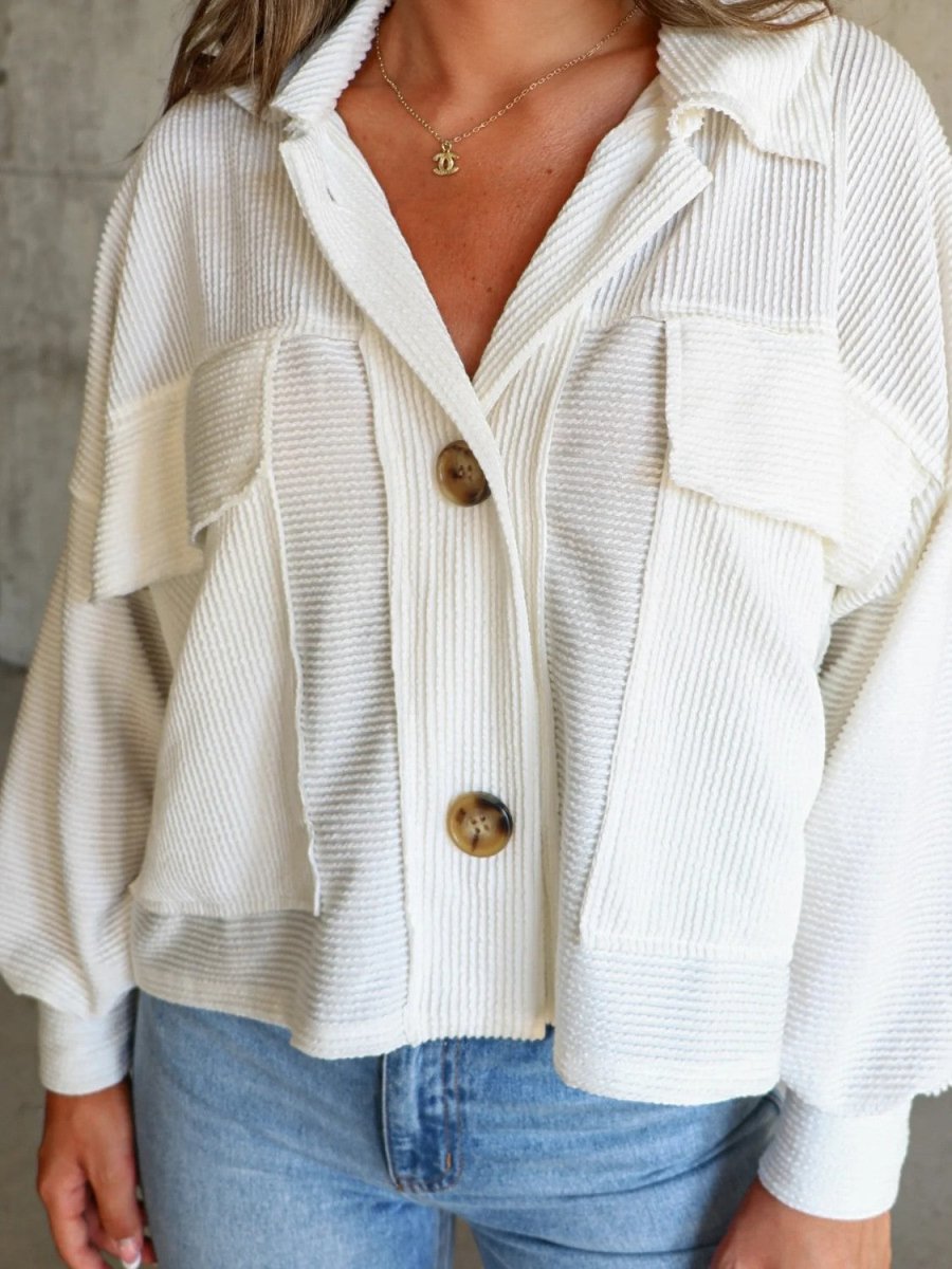 Ribbed Collared Neck Button Up Jacket - Outerwear