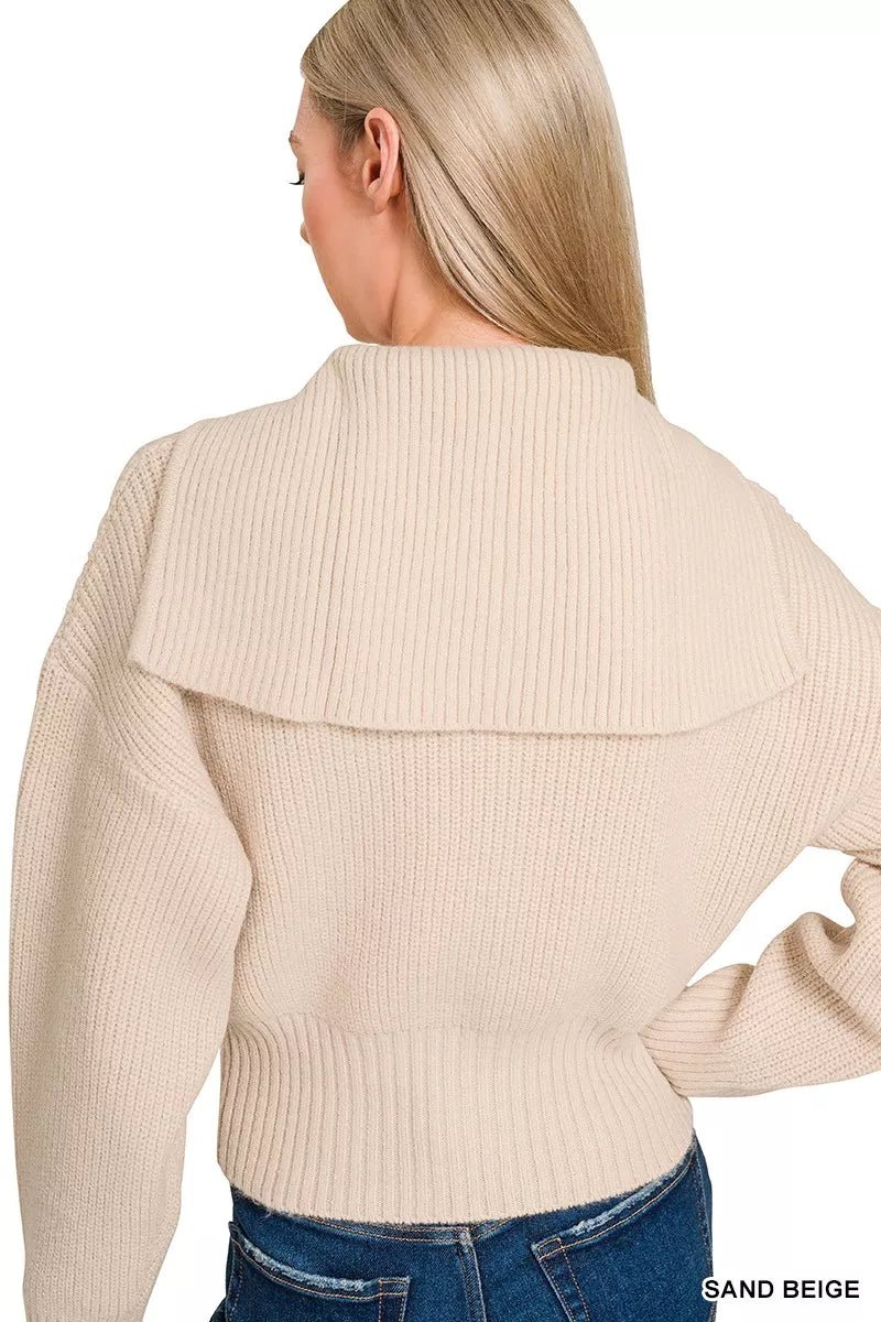Ribbed Collared Zip Up Cardigan - 