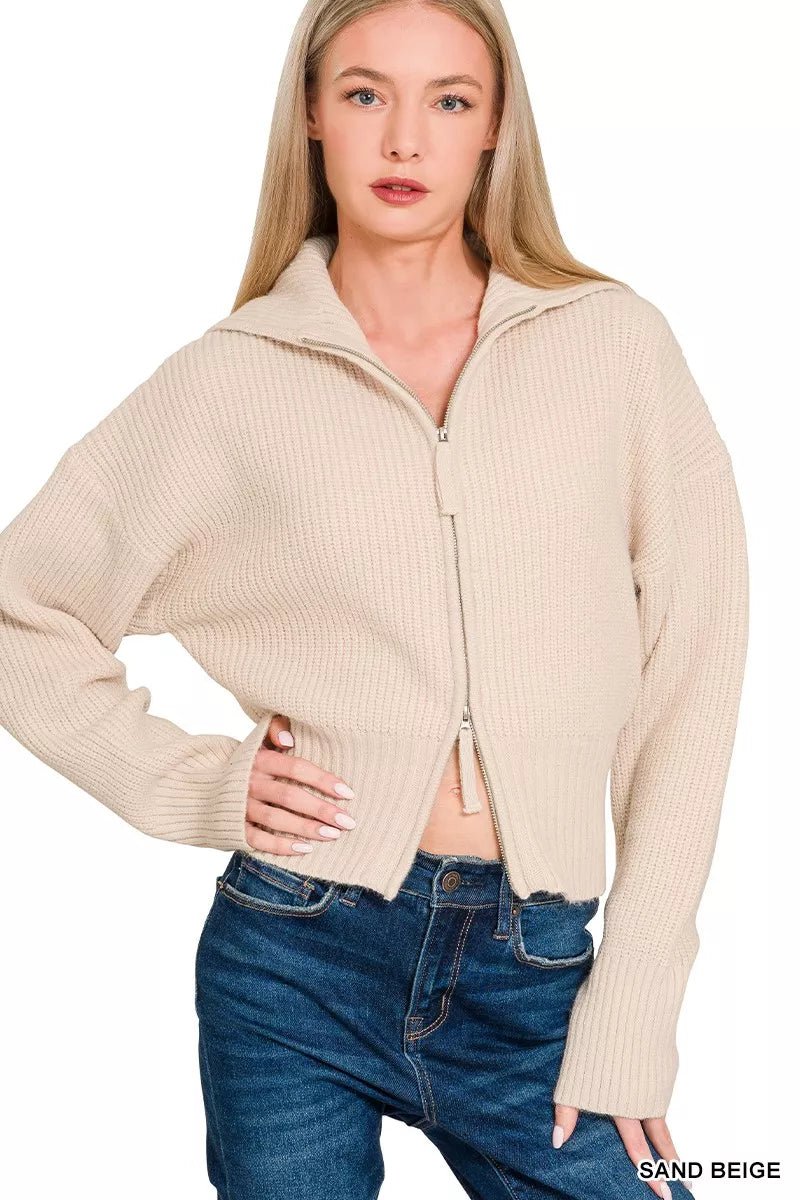 Ribbed Collared Zip Up Cardigan - 