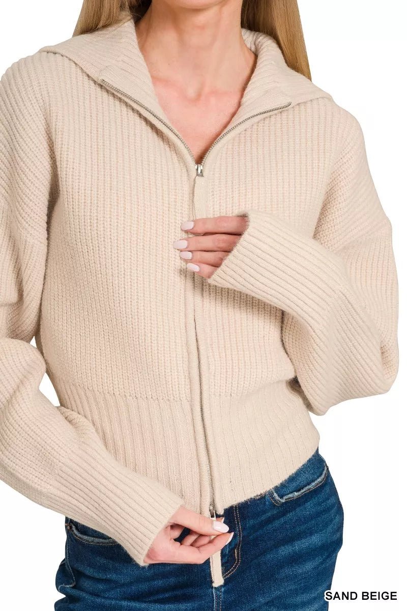 Ribbed Collared Zip Up Cardigan - 