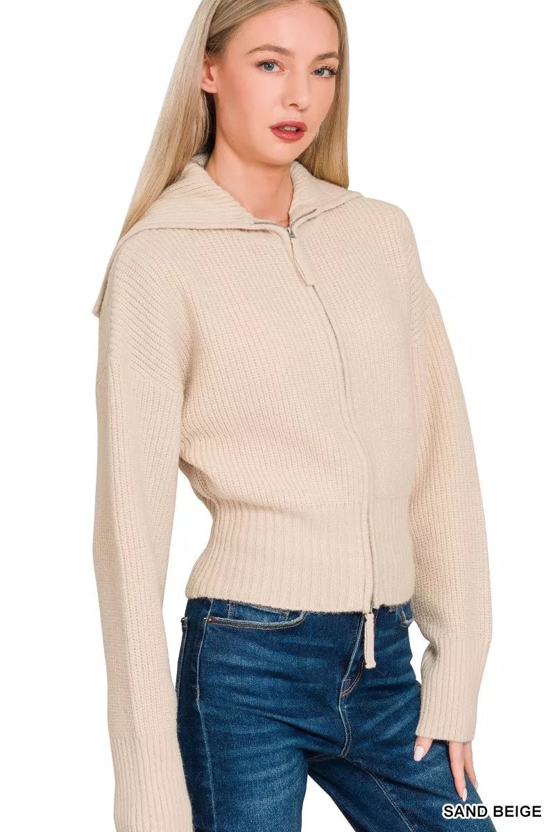 Ribbed Collared Zip Up Cardigan - 