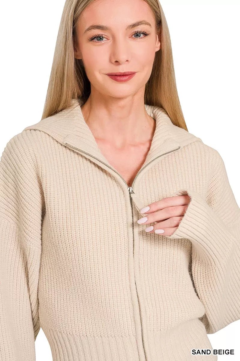 Ribbed Collared Zip Up Cardigan - 
