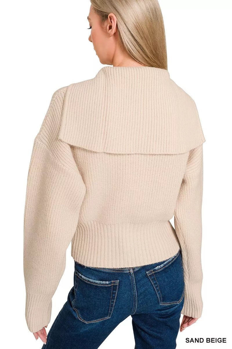 Ribbed Collared Zip Up Cardigan - 