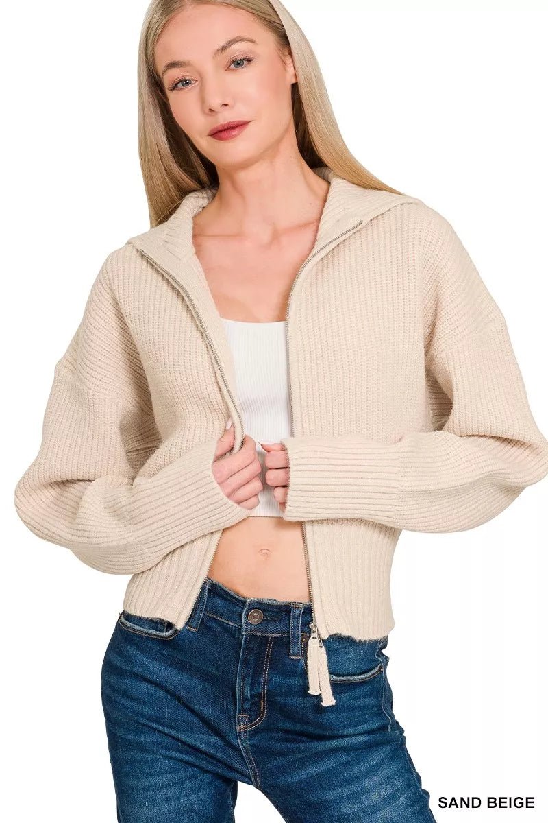Ribbed Collared Zip Up Cardigan - 