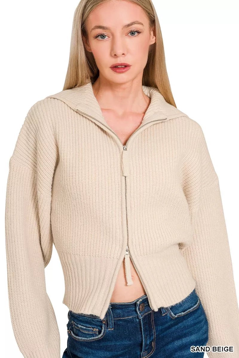 Ribbed Collared Zip Up Cardigan - 