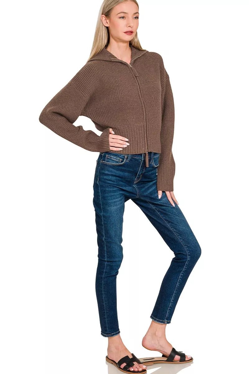 Ribbed Collared Zip Up Sweater Cardigan - 