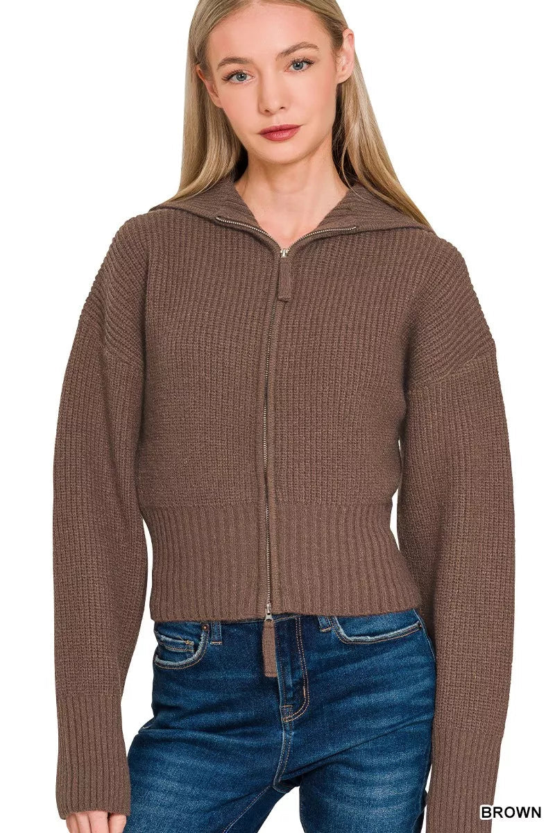 Ribbed Collared Zip Up Sweater Cardigan - 