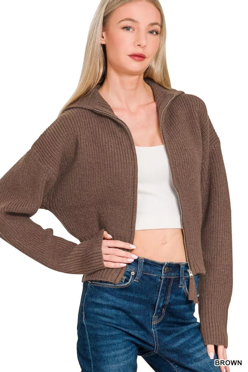Ribbed Collared Zip Up Sweater Cardigan - 