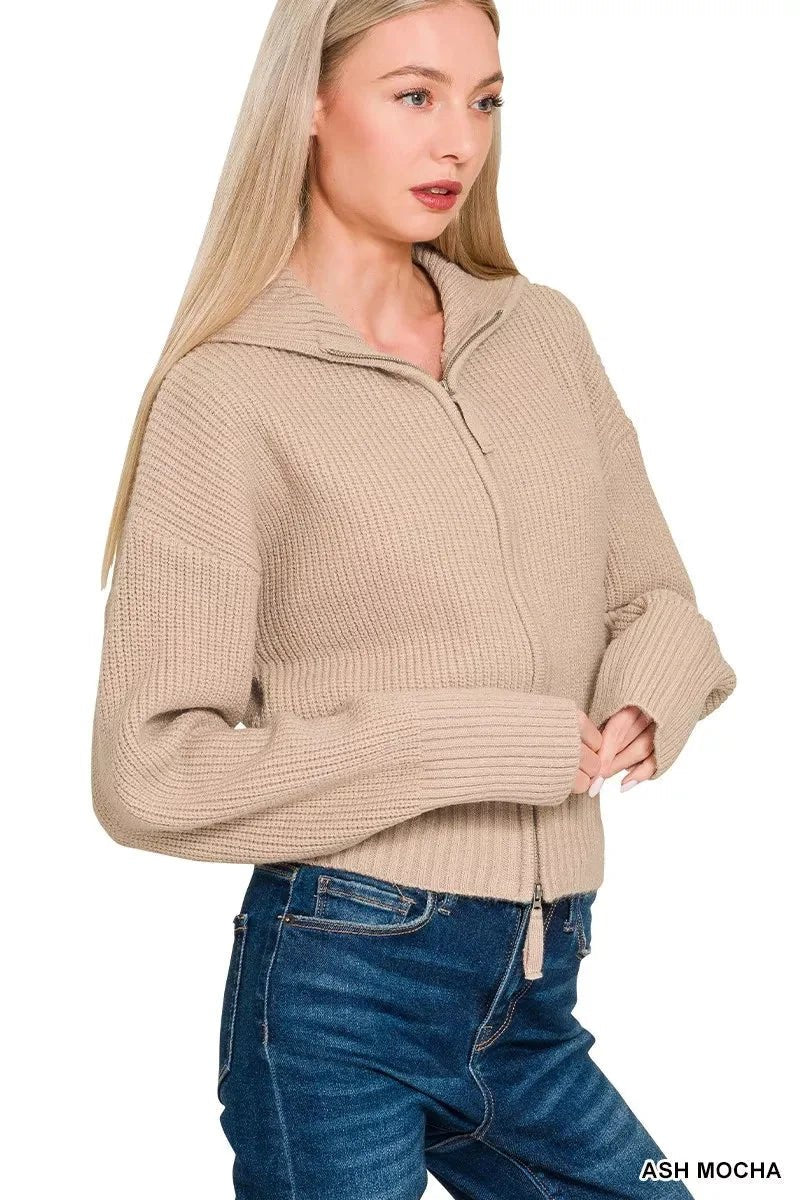 Ribbed Collared Zip Up Sweater Cardigan - Ash Mocha - 