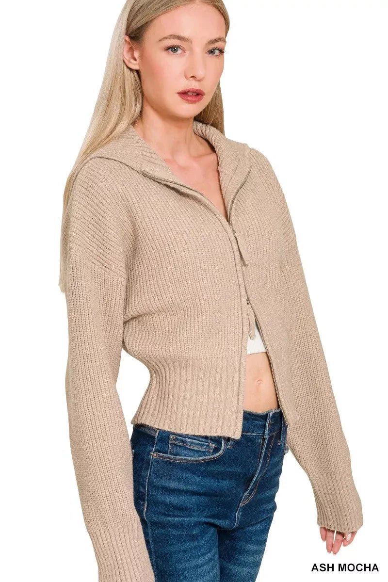 Ribbed Collared Zip Up Sweater Cardigan - Ash Mocha - 