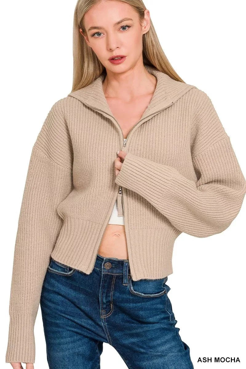 Ribbed Collared Zip Up Sweater Cardigan - Ash Mocha - 