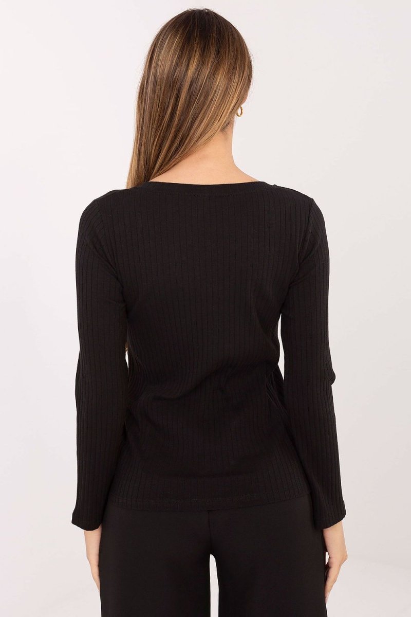 Ribbed Cotton Spandex V - Neck Blouse - Black - 