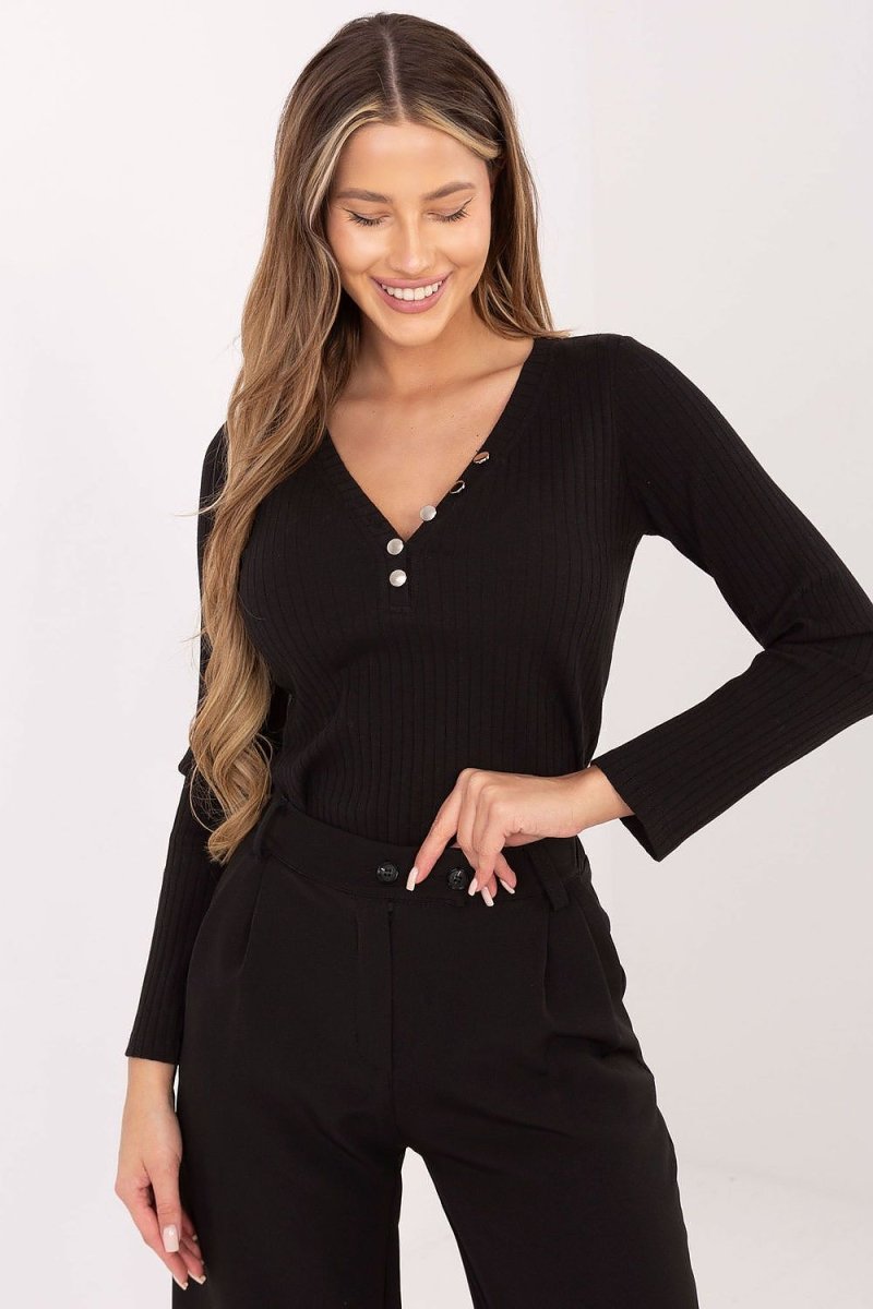 Ribbed Cotton Spandex V - Neck Blouse - Black - 