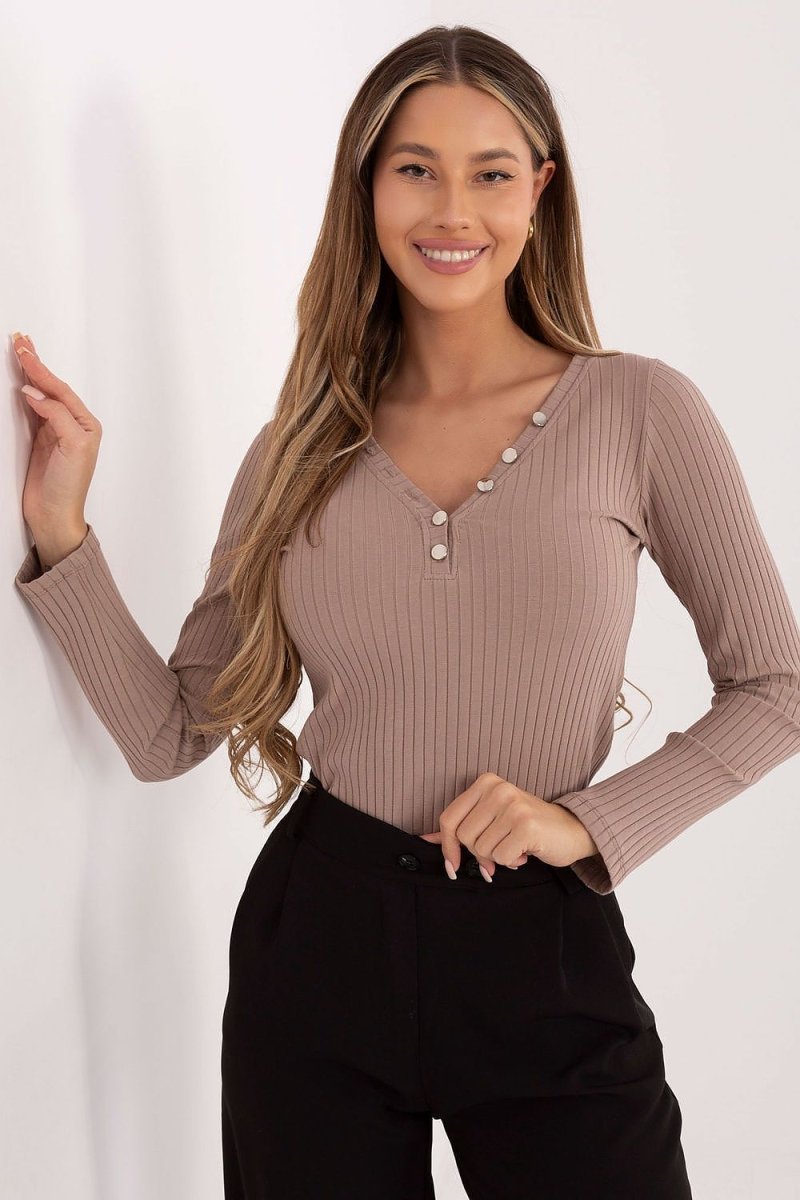 Ribbed Cotton Spandex V - Neck Blouse - Black - 