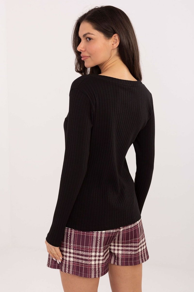 Ribbed Cotton V - Neck Blouse - 
