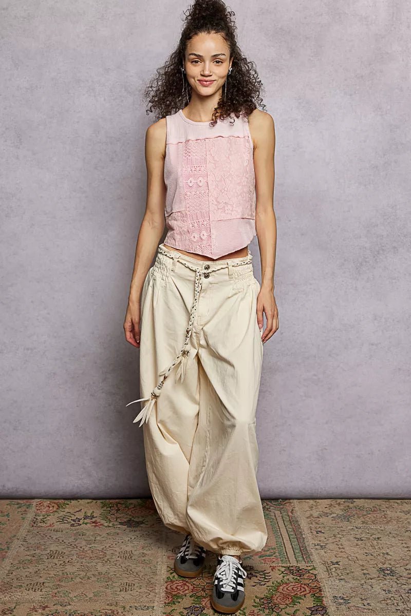 Ribbed Cropped Tank with Lace Detail - 