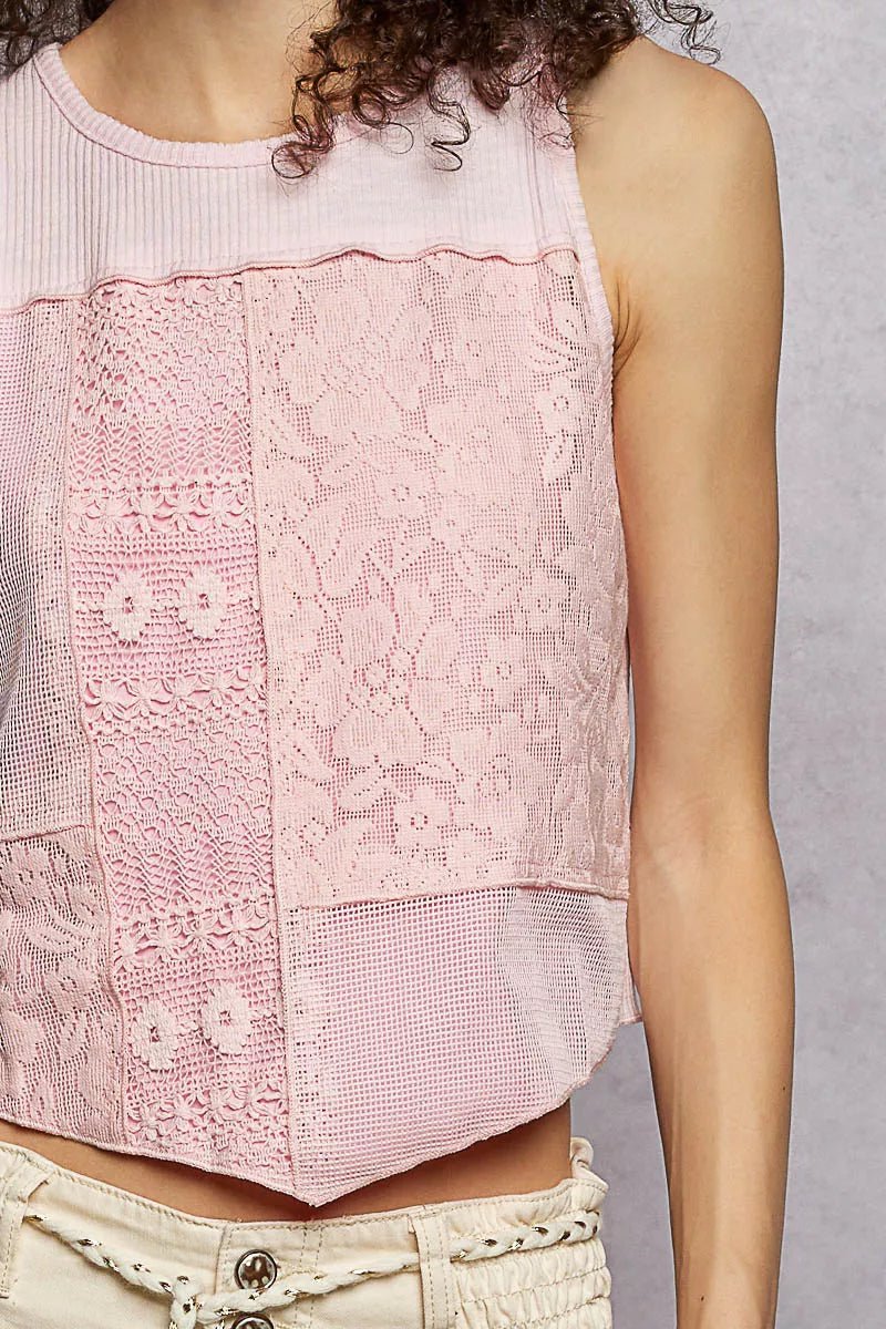 Ribbed Cropped Tank with Lace Detail - 