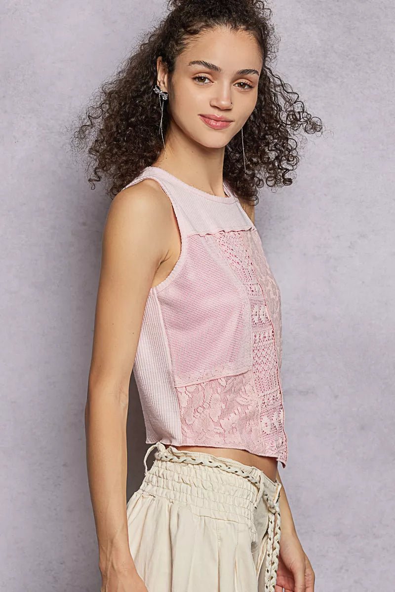 Ribbed Cropped Tank with Lace Detail - 