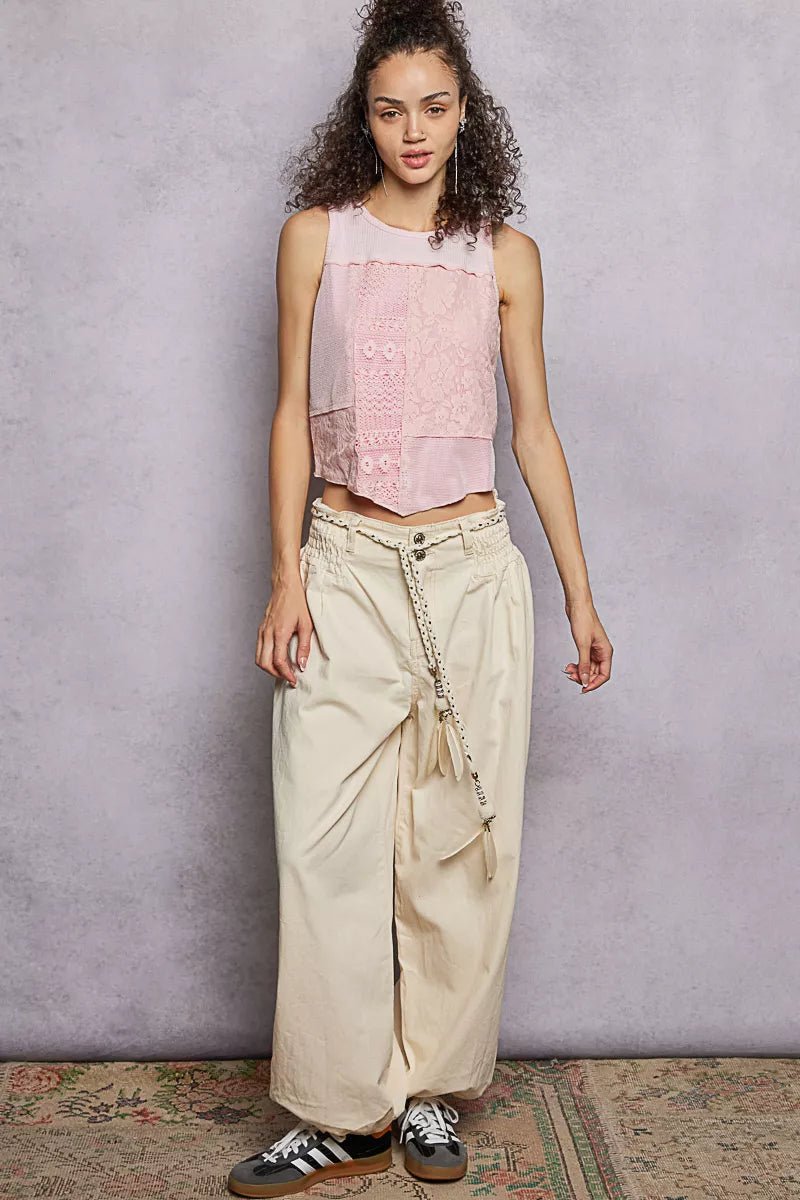 Ribbed Cropped Tank with Lace Detail - 