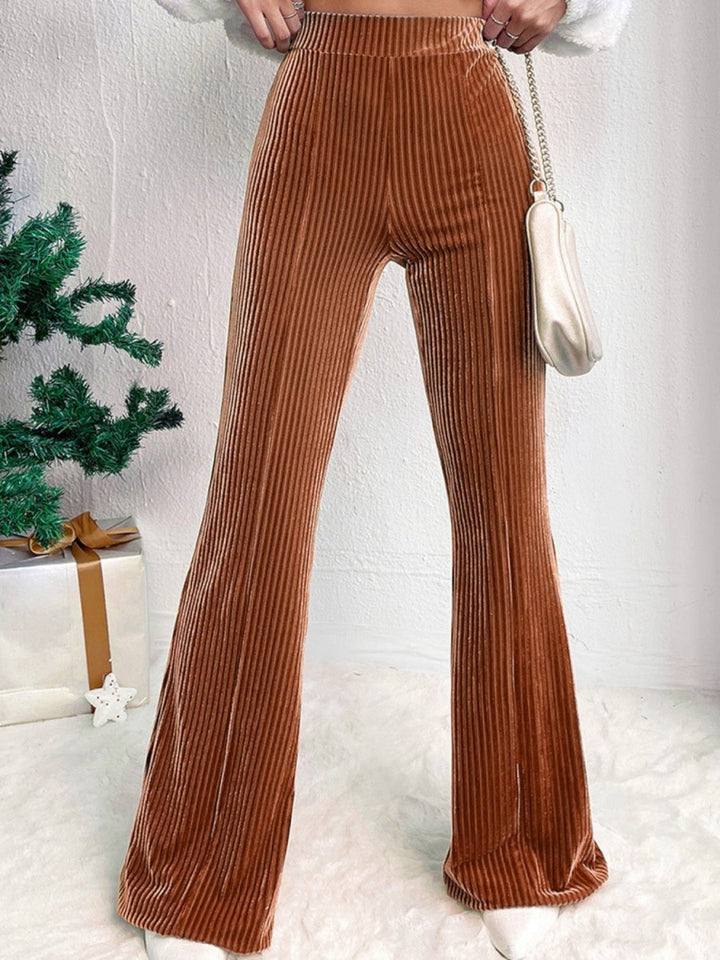 Ribbed High Waist Bootcut Pants - Bottoms