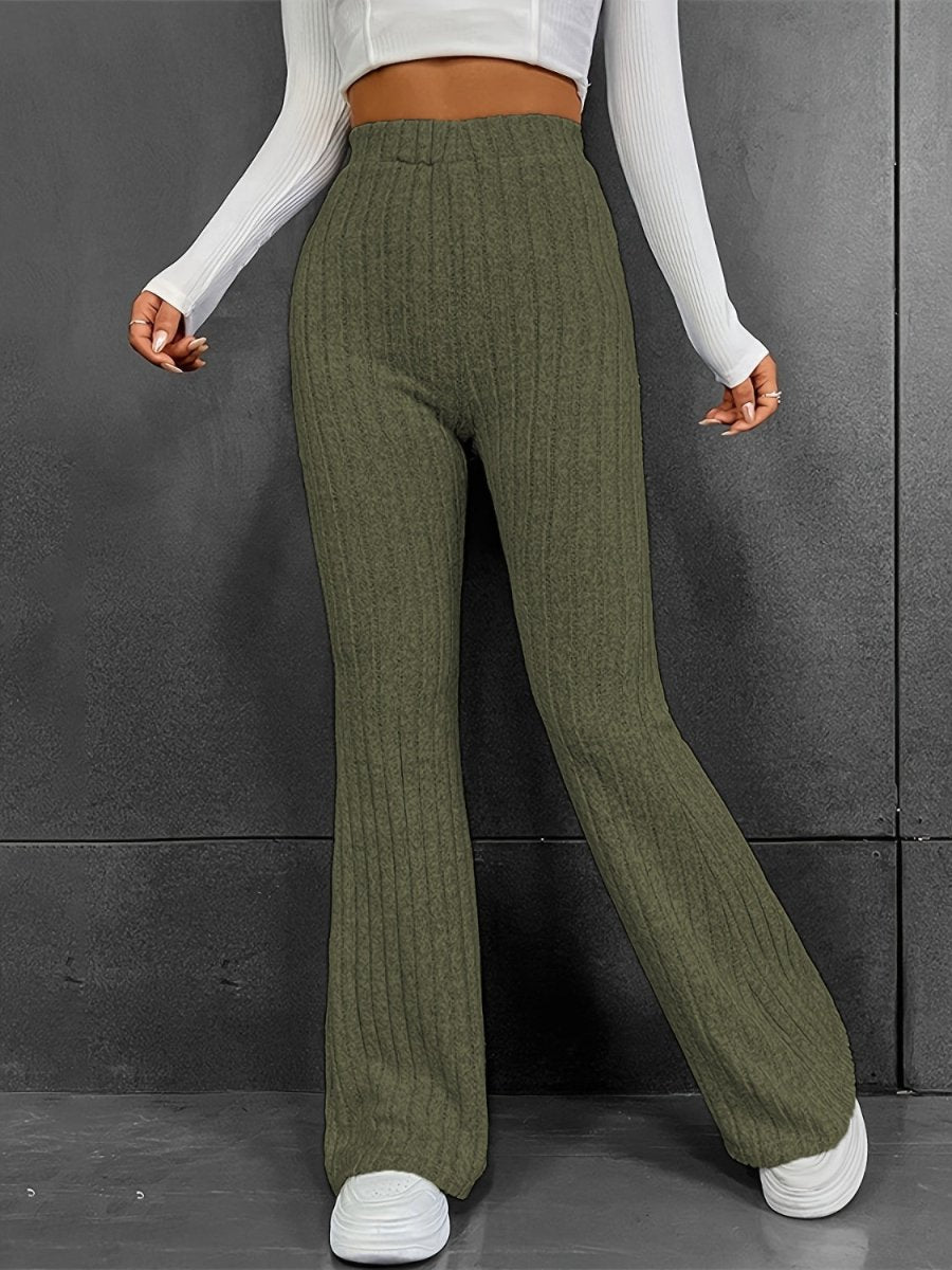 Ribbed High Waist Bootcut Pants - Bottoms