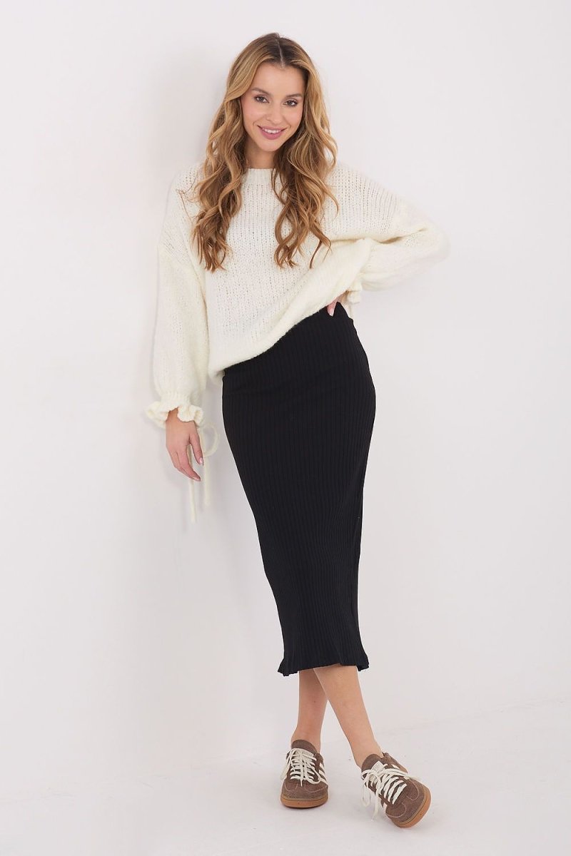 Ribbed Knit Midi Skirt with Slit - 