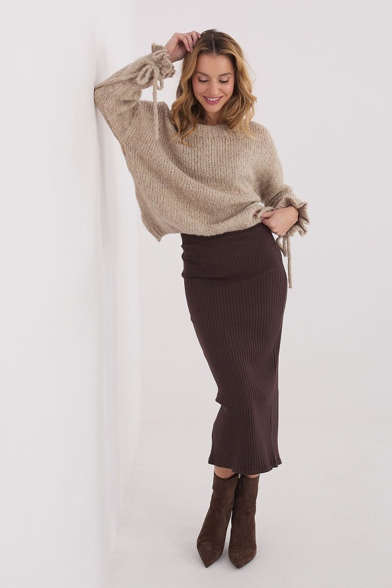 Ribbed Knit Midi Skirt with Slit - 