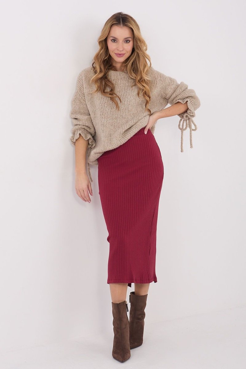 Ribbed Knit Midi Skirt with Slit - 