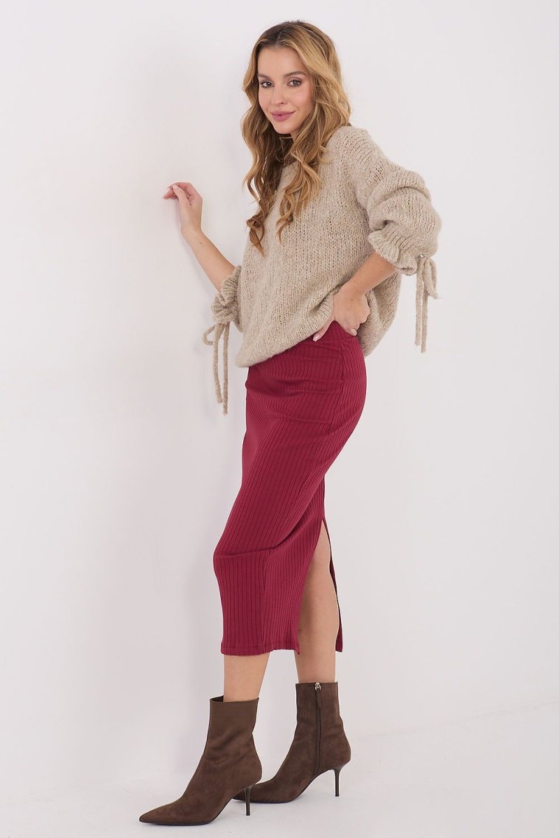 Ribbed Knit Midi Skirt with Slit - 