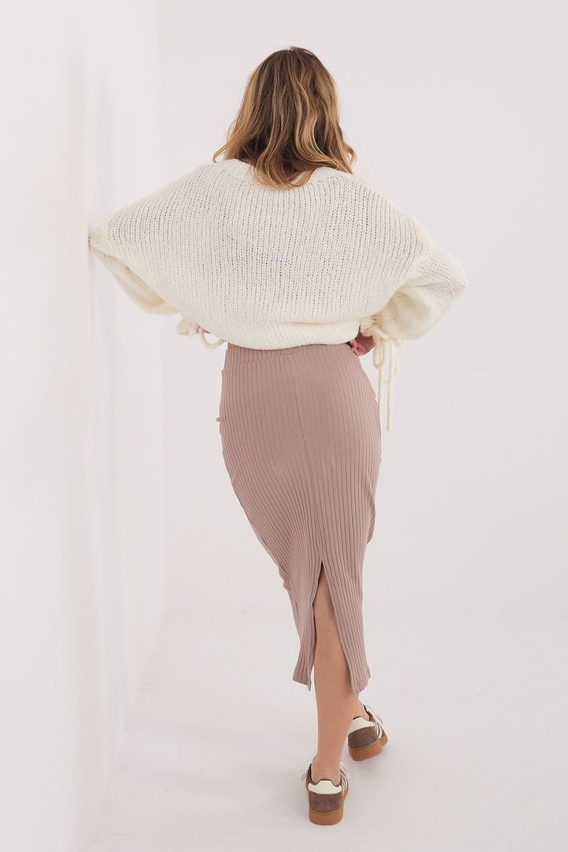 Ribbed Knit Midi Skirt with Slit - 