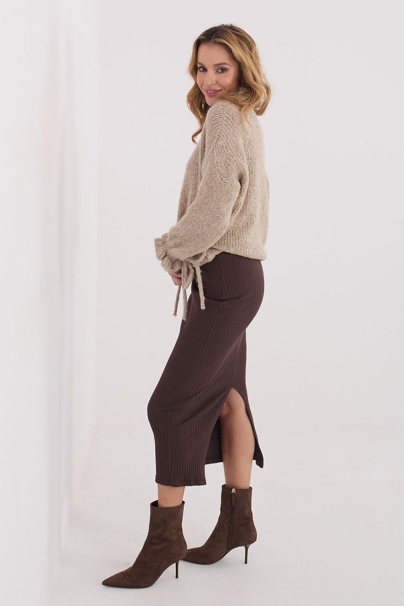 Ribbed Knit Midi Skirt with Slit - 