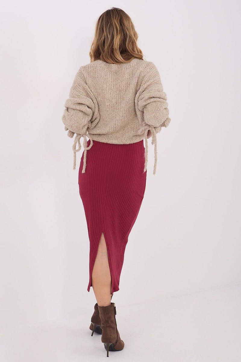 Ribbed Knit Midi Skirt with Slit - 
