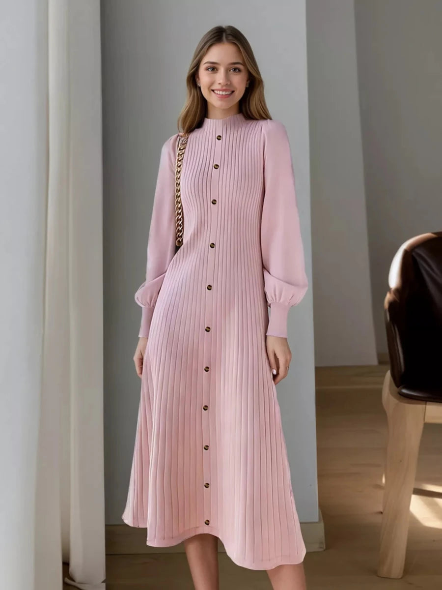 Ribbed Knit Mock Neck Midi Dress - 