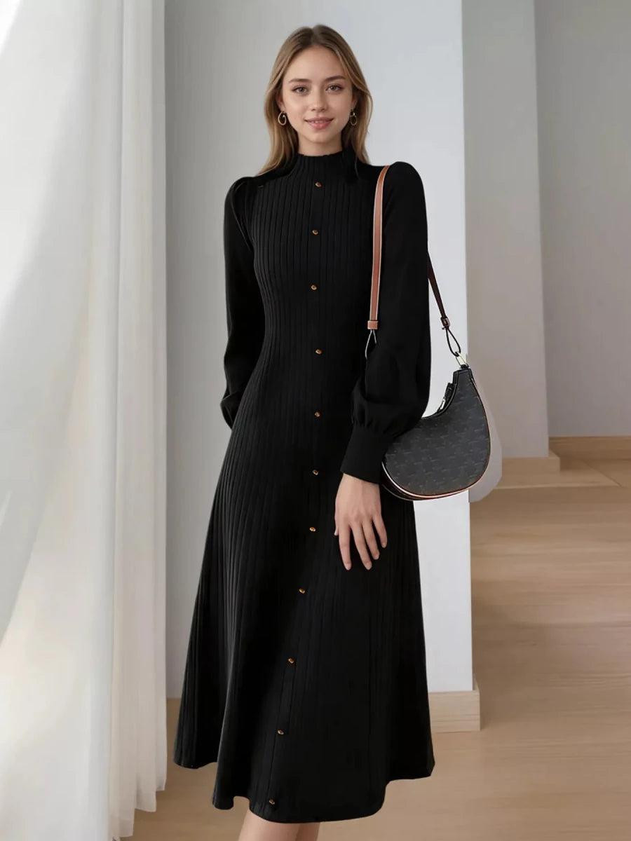 Ribbed Knit Mock Neck Midi Dress - 