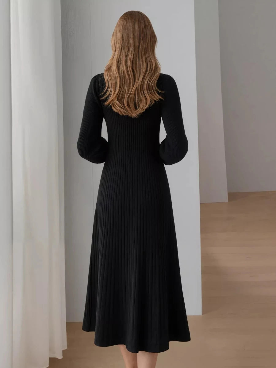 Ribbed Knit Mock Neck Midi Dress - 