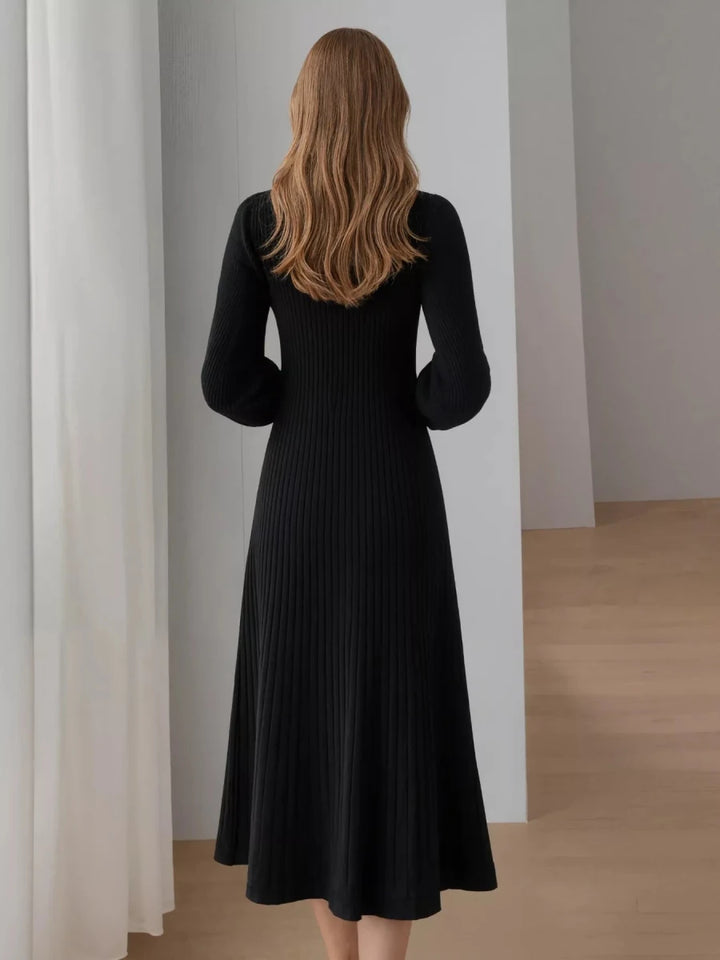Ribbed Knit Mock Neck Midi Dress - 