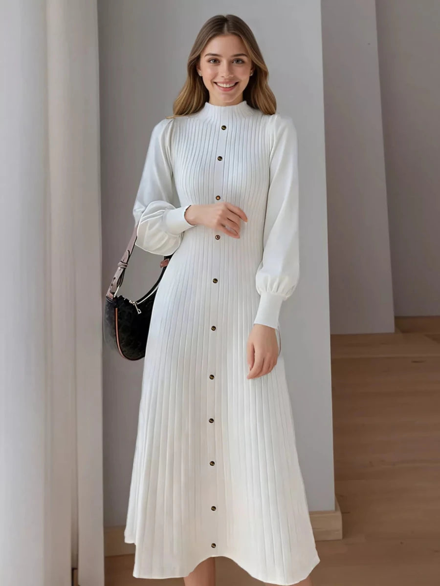 Ribbed Knit Mock Neck Midi Dress - 
