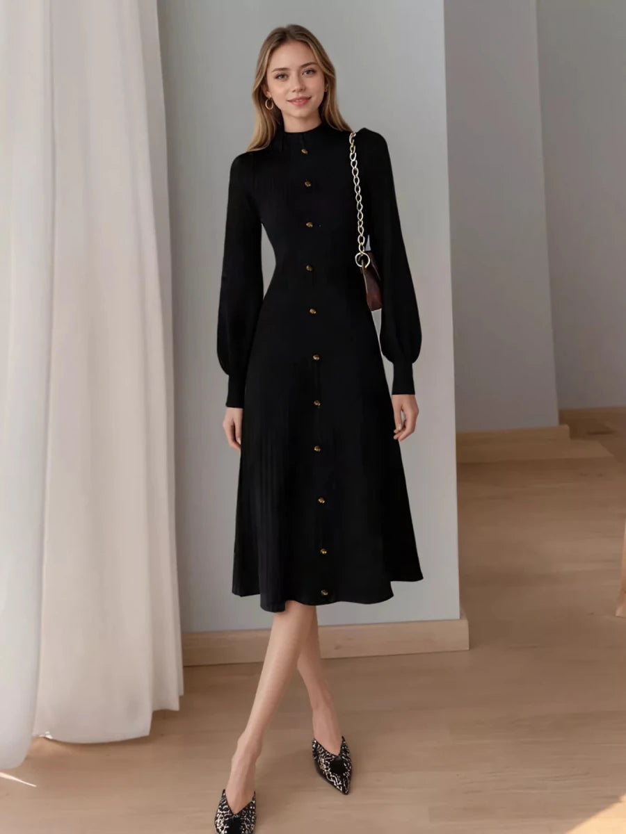 Ribbed Knit Mock Neck Midi Dress - 