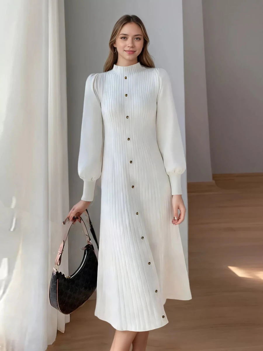 Ribbed Knit Mock Neck Midi Dress - 