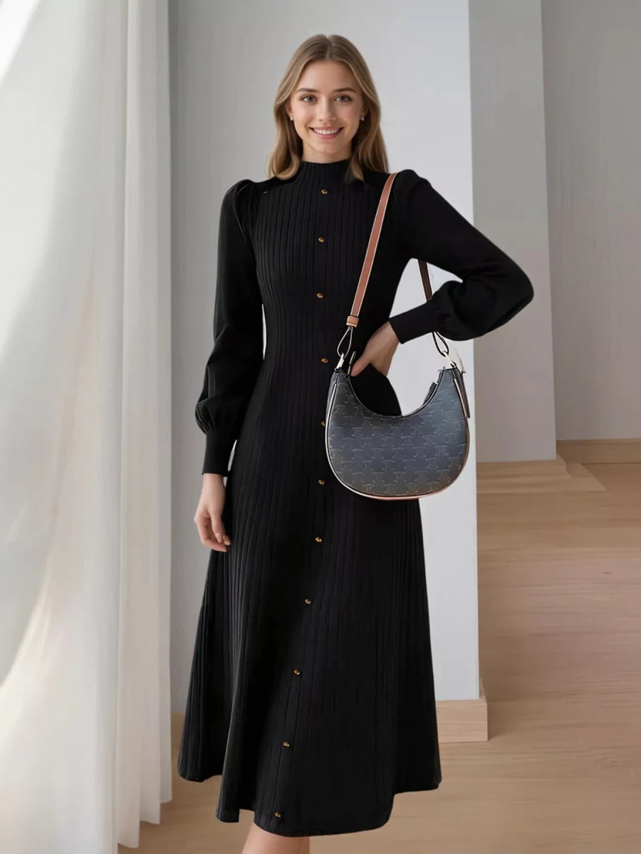 Ribbed Knit Mock Neck Midi Dress - 