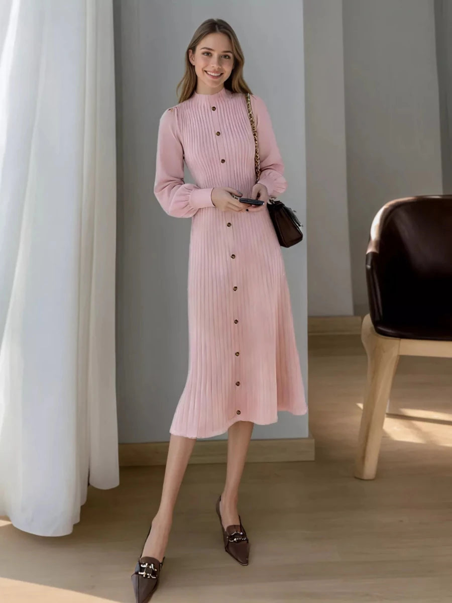 Ribbed Knit Mock Neck Midi Dress - 