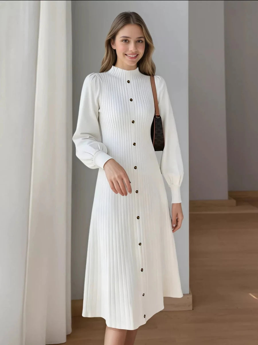 Ribbed Knit Mock Neck Midi Dress - 