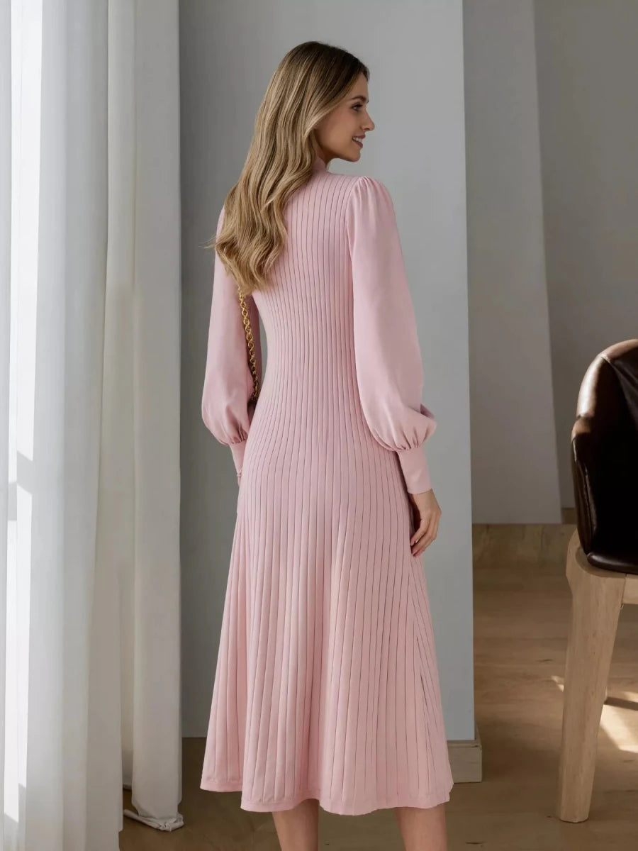 Ribbed Knit Mock Neck Midi Dress - 